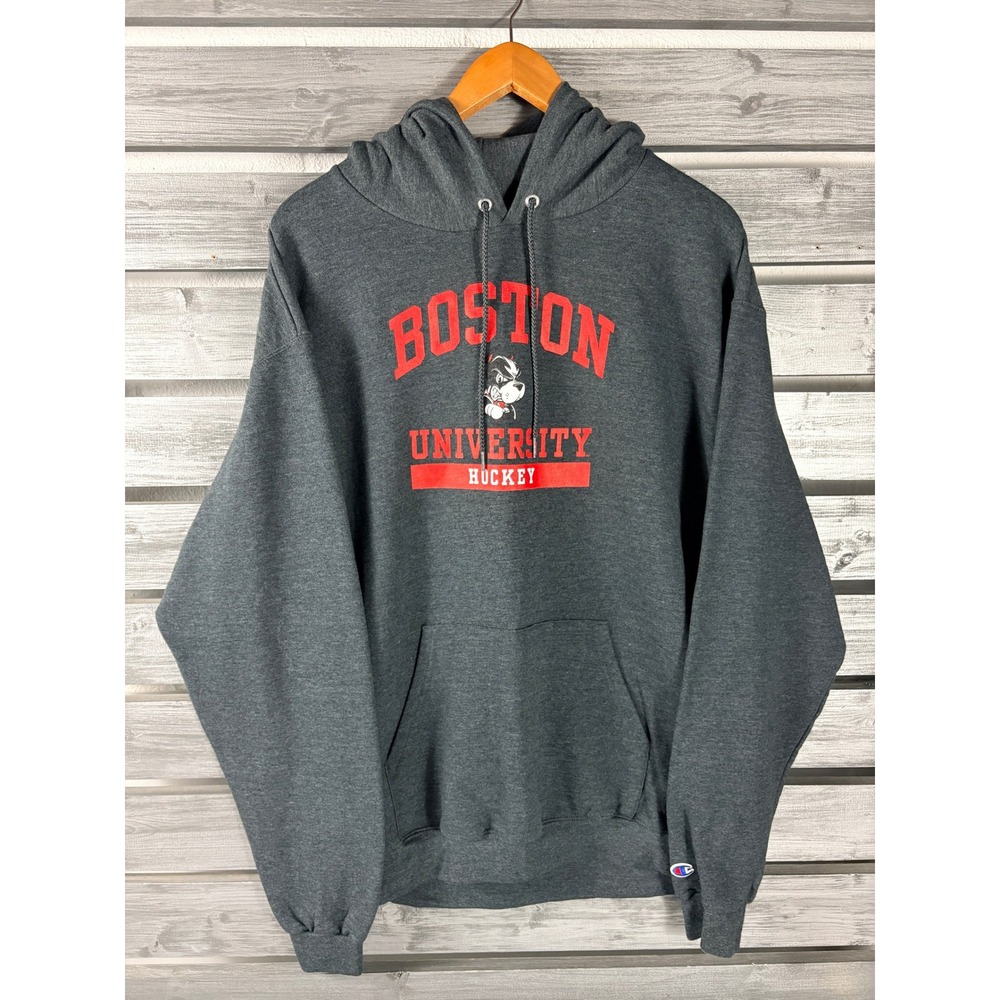 Champion Boston University Hockey Hoodie Mens Large Gray BU Terriers Sweatshirt